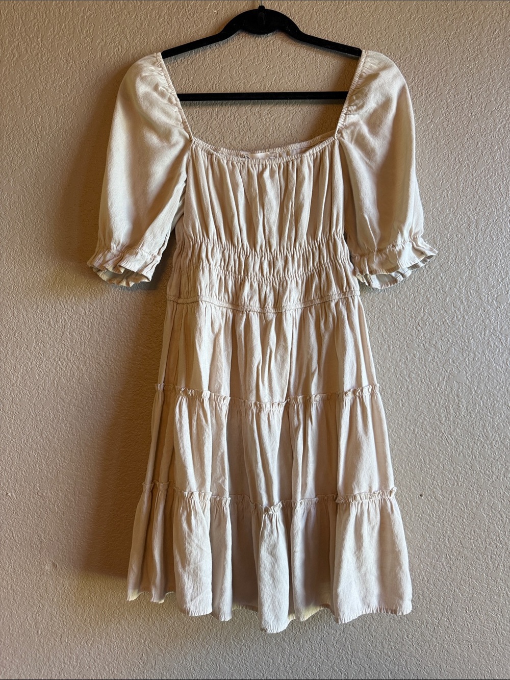 Altar'd State Cream Smocked Tiered Dress with Puff Sleeves